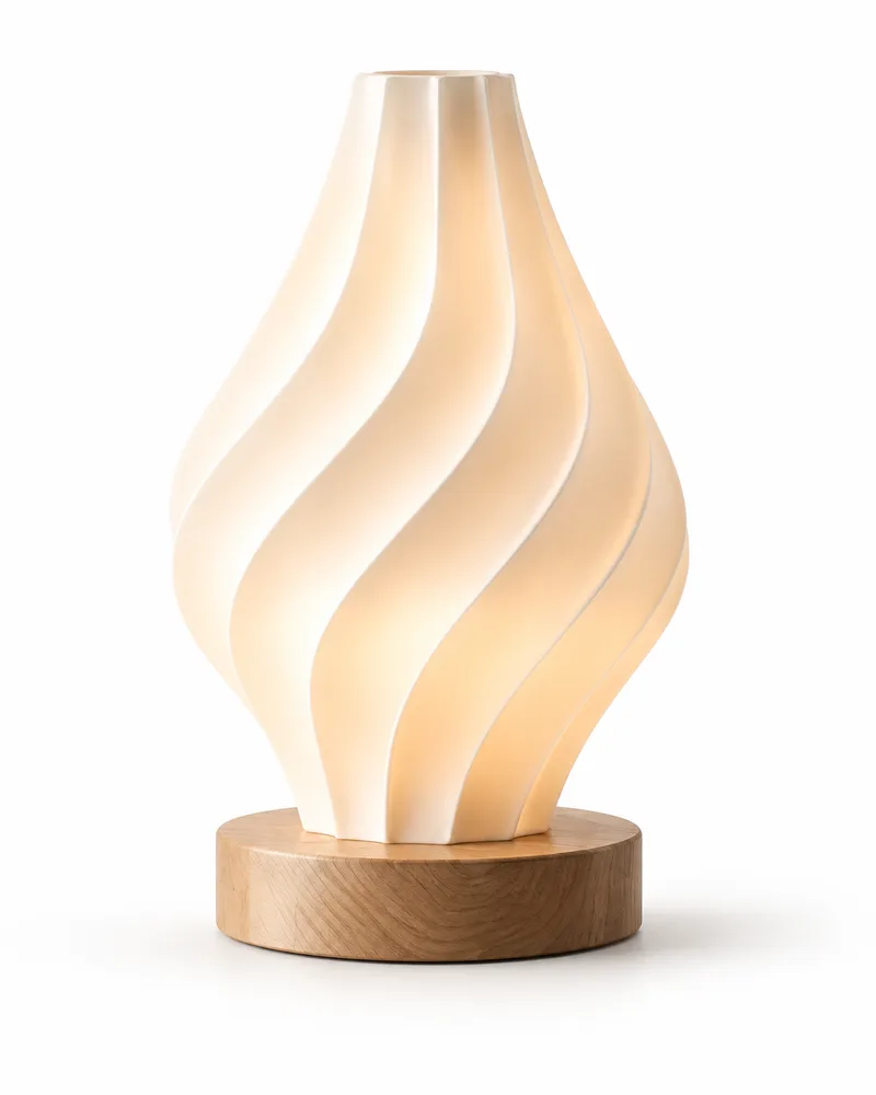 Original white 3D lamp design with spiral folds and a wooden base