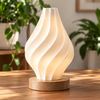 White spiral lamp photographed in a living room
